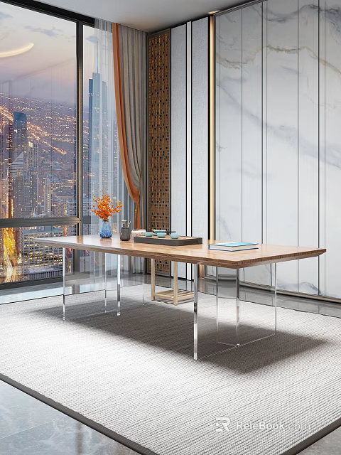 Modern Wooden Tea Table And Chairs With Glass Legs Vase Tray Books And City View 3d model 