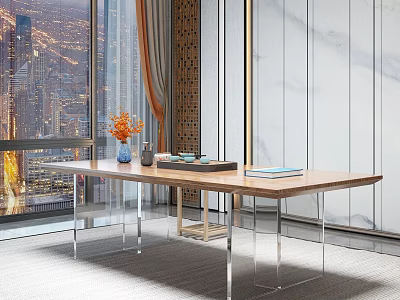 Modern Wooden Tea Table And Chairs With Glass Legs Vase Tray Books And City View 3d model