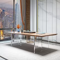 Modern Wooden Tea Table And Chairs With Glass Legs Vase Tray Books And City View