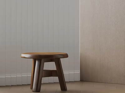 Minimalist Wooden Side Table in Room Corner with Light Colored Wall and Wooden Floor 3d model