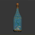 Decorative Glass Bottle With Orange Cork Golden Frame Green Plants Purple Flowers And Seashells