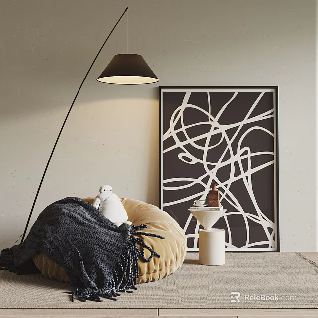 Comfy Bean Bag Chair with Dark Blanket Floor Lamp and Black White Line Abstract Art 3d model 