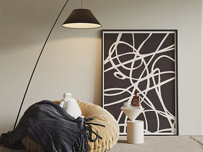 Comfy Bean Bag Chair with Dark Blanket Floor Lamp and Black White Line Abstract Art 3d model