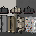 Assorted Travel Luggage Featuring Duffel Bags and Checkered Sticker Adorned Suitcases