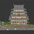 Traditional Japanese Multi Story Castle Brick Model With Small Buildings Greenery And Pond