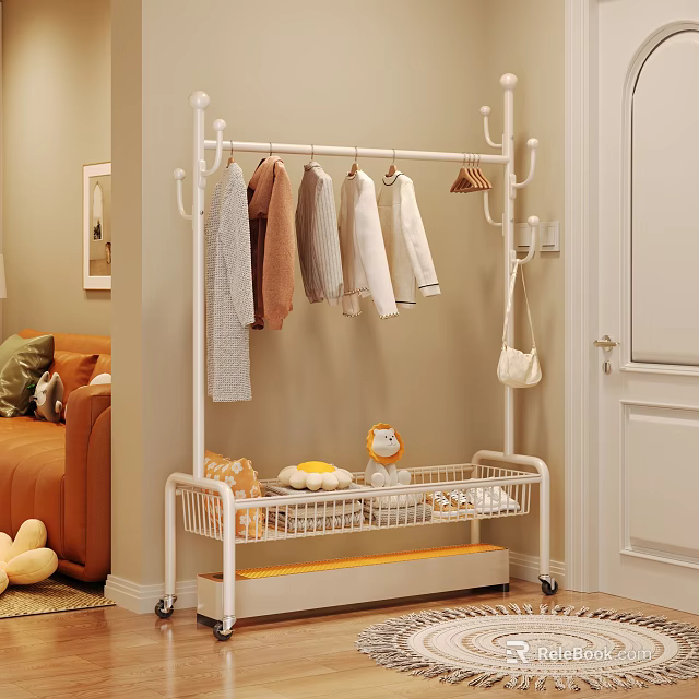 Modern Indoor Clothes Rack With Hanging Clothes And Storage Basket On Wheels 3d model 