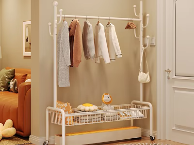 Modern Indoor Clothes Rack With Hanging Clothes And Storage Basket On Wheels 3d model