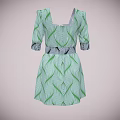 Stylish Green Wave Pattern Dress With Square Neckline Short Sleeves And Black Waistband