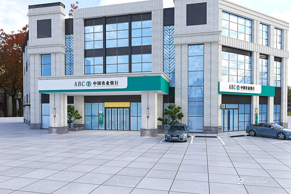 ABC Bank Modern Building With Glass Facade Parking Area And Green Plants 3d model 