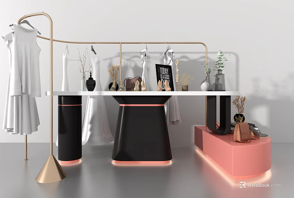 Modern Display Shelves With White Clothes Black And White Showcase Pink Base Decorations 3d model 