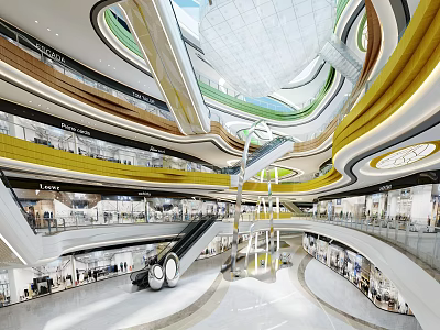 Modern Shopping Mall Interior With Spiral Design Glass Dome And Multi Level Escalators 3d model