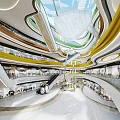 Modern Shopping Mall Interior With Spiral Design Glass Dome And Multi Level Escalators