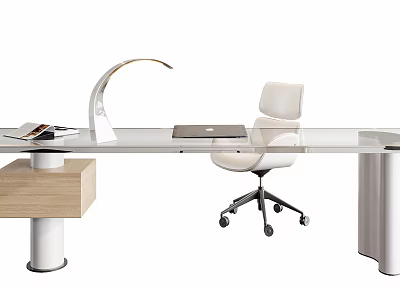 Modern Glass Top Desk Setup With White Chair Table Lamp And Laptop 3d model