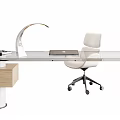 Modern Glass Top Desk Setup With White Chair Table Lamp And Laptop