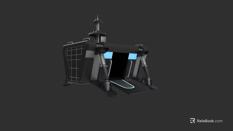3D Model of Futuristic Black Structure with Blue Lighting and Tower Design 3d model 