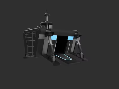 3D Model of Futuristic Black Structure with Blue Lighting and Tower Design 3d model