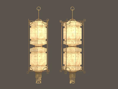 Traditional Chinese Style Furniture Lantern Shaped Wall Lamps With Gold Frame And White Shade 3d model