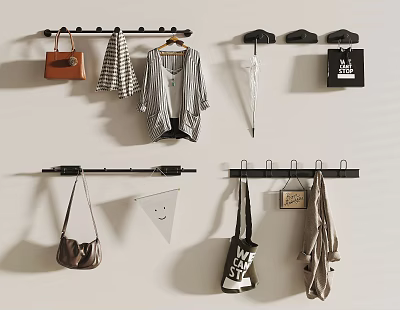 Wall Mounted Hooks with Hanging Bags Clothes Umbrella and Accessories for Home Organization 3d model