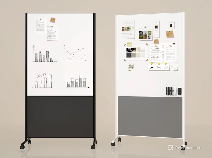 Mobile Whiteboards On Wheels With Charts Graphs Notes And Color Samples 3d model 