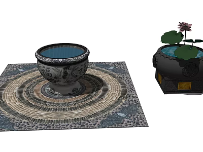 Decorative Fish Tank With Carved Design On Circular Rug And Lotus Plant Aquarium Decor 3d model