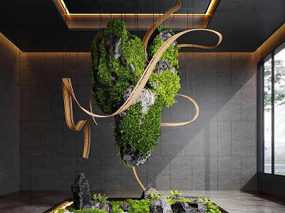 Indoor Landscape Design Featuring Hanging Green Plant Installation With Wooden Curves And Stone Walls 3d model