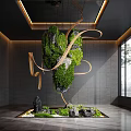 Indoor Landscape Design Featuring Hanging Green Plant Installation With Wooden Curves And Stone Walls