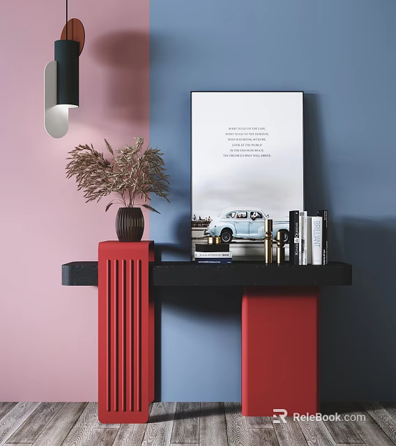 Modern Console Table With Red Structure Black Top Vase Art Print And Books 3d model