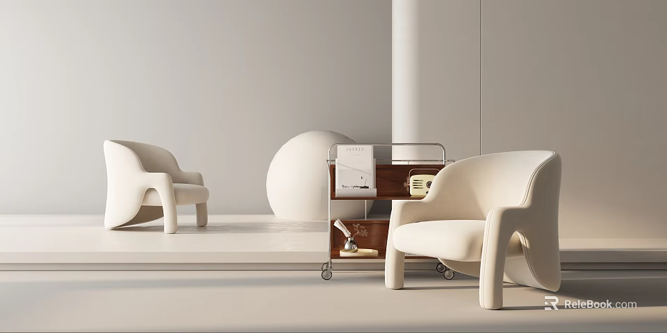 White Curved Leisure Chair with Modern Minimalist Design and Rolling Cart in Light Space 3d model 