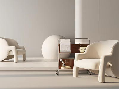 White Curved Leisure Chair with Modern Minimalist Design and Rolling Cart in Light Space 3d model