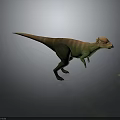 Green And Brown Dinosaur With Orange Back Prominent Head Small Fern Plant Gray Background