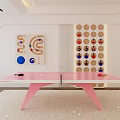Pink Ping Pong Table with Paddles and Balls Indoor with Colorful Circular Curved Decorative Panels