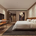 Modern Hotel Room Interior With Bed Artwork Desk And Chair
