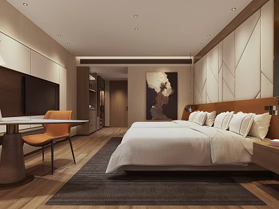 Modern Hotel Room Interior With Bed Artwork Desk And Chair 3d model