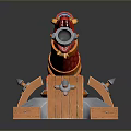 Colorful Red Orange Decorative Cannon With Sturdy Wooden Base And Round Lens