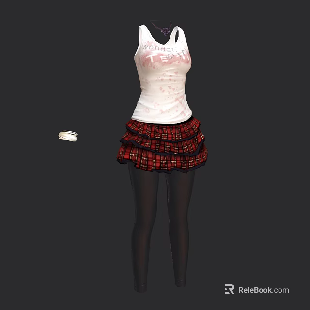 White Tank Top With Red Pattern Red Black Plaid Pleated Skirt And Black Stockings 3d model 