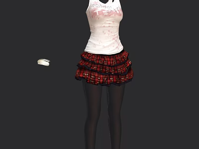 White Tank Top With Red Pattern Red Black Plaid Pleated Skirt And Black Stockings 3d model