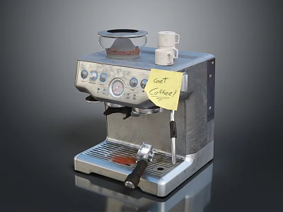 Stainless Steel Espresso Coffee Machine Control Panel Top Transparent Container Small Cup Yellow Sticky Note 3d model