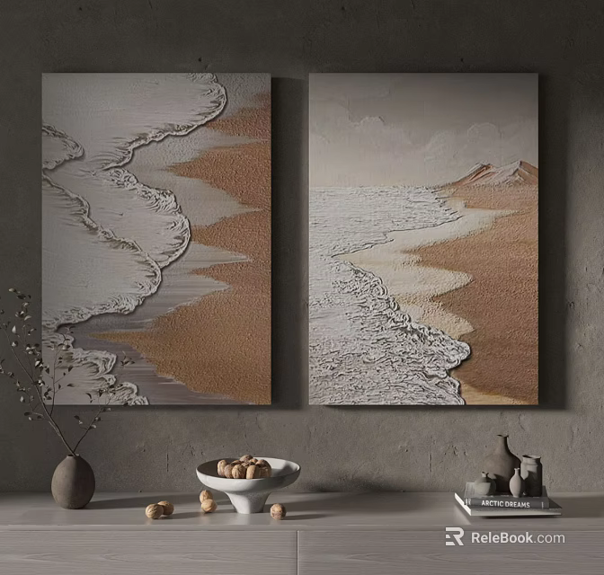Two Panel Abstract Beach Wave Paintings With Textured Sand And Neutral Tones 3d model