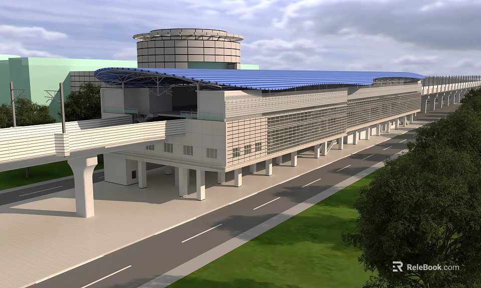 Modern Transportation Hub Building With Blue Roof Elevated Walkway And Surrounding Greenery 3d model 