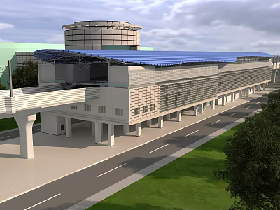 Modern Transportation Hub Building With Blue Roof Elevated Walkway And Surrounding Greenery 3d model
