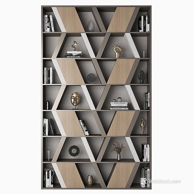Modern Display Cabinet Featuring Geometric Shelves And Various Decorative Items Like Books Figurines Plants 3d model 