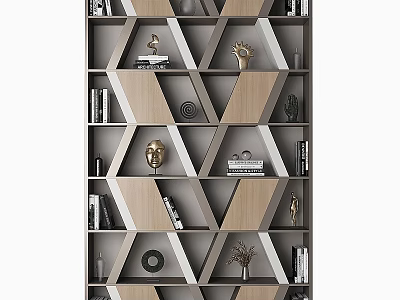 Modern Display Cabinet Featuring Geometric Shelves And Various Decorative Items Like Books Figurines Plants 3d model