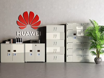 HUAWEI Logo Office Setting With File Cabinets And Green Plant 3d model