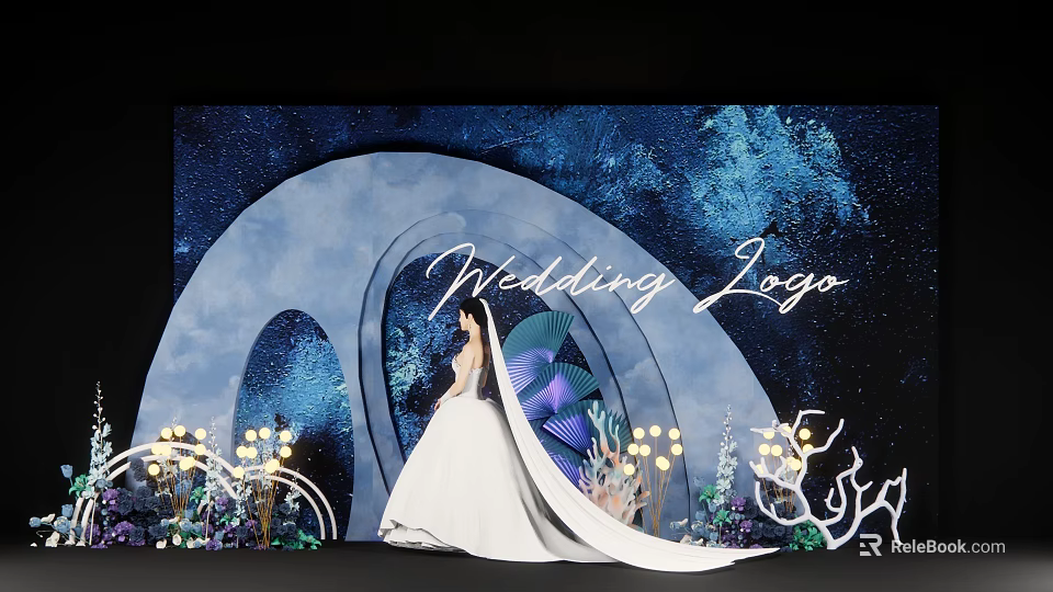 Wedding Logo Setup With Starry Sky Background Arched Structure Purple Butterfly Decoration And White Gown 3d model 