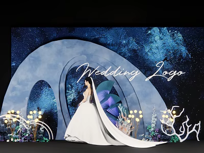 Wedding Logo Setup With Starry Sky Background Arched Structure Purple Butterfly Decoration And White Gown 3d model