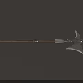 Medieval Long Shaft Weapon with Wooden Handle and Ornate Metal Spearhead Design