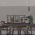 Modern Tea House Interior With Open Space Wooden Furniture Green Plants Screen And White Walls