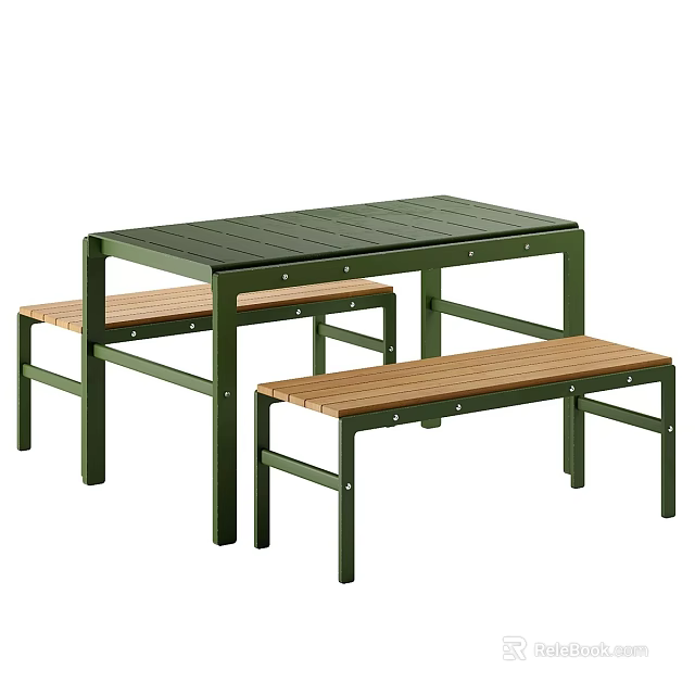 Outdoor Table and Bench Set with Green Metal Frame and Wooden Top for Garden Seating 3d model 