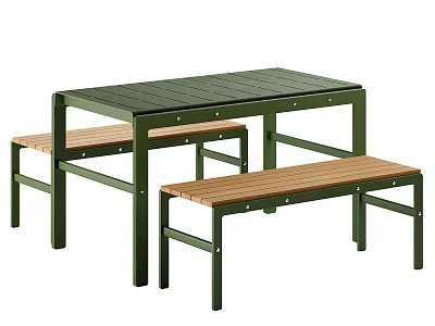Outdoor Table and Bench Set with Green Metal Frame and Wooden Top for Garden Seating 3d model