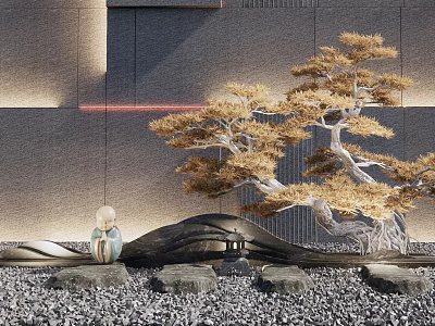 Modern Textured Feature Wall With Golden Pine Tree Pebbles And Wavy Decorations 3d model